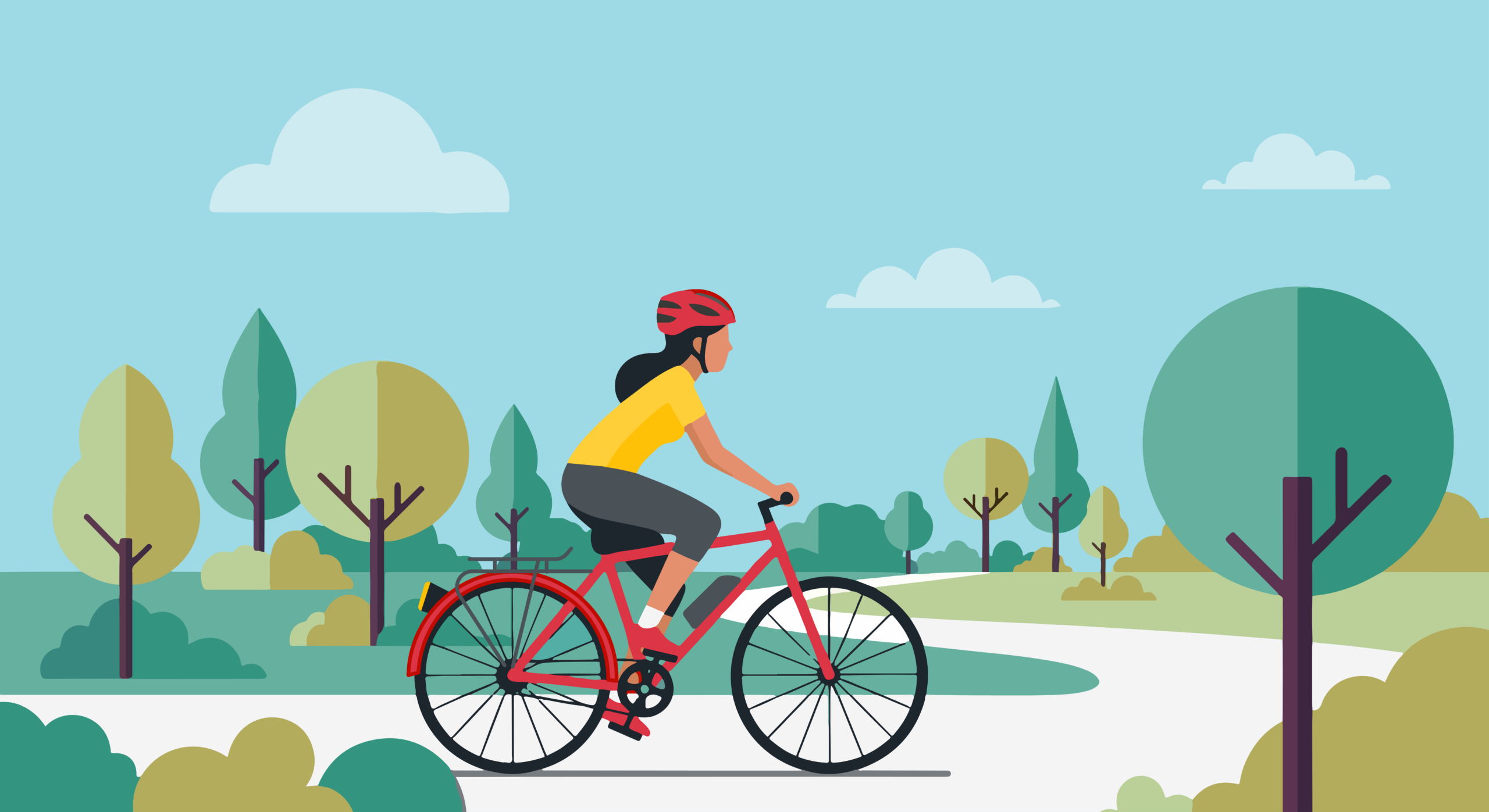 This is a minimalist illustration of a person riding a red bike along a trail. They are riding past stylized trees with yellow and green leaves, and there is yellow and green foliage dotted the ground beneath them. It is a clear day with blue skies and clouds. The person is wearing a red helmet, a yellow shirt and gray pants.